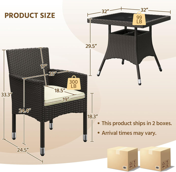 5-Piece Patio Furniture Set, Outdoor Rattan 4 Dining Chairs & Tempered Glass Table with Umbrella Hole, for Garden Backyard Deck Balcony, Brown/Beige