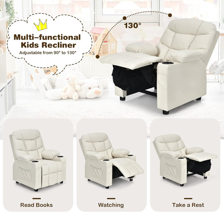 Kids Recliner Chair with Cup Holder, Adjustable Lounge Chair W/Footrest & Side Pockets for Children Boys Girls Room, Ergonomic Toddler Furniture Sofa, Kids Recliner (Beige)