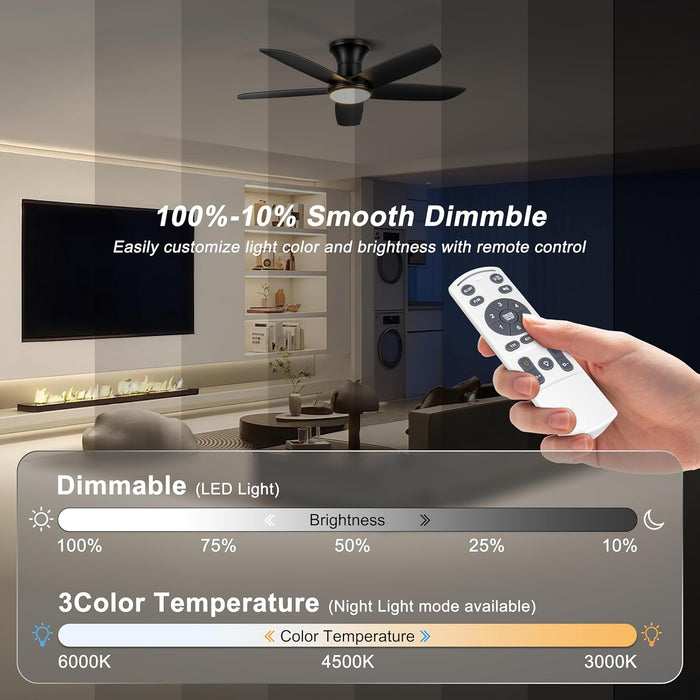 Ceiling Fan with Lights, 46" Flush Mount Ceiling Fans Remote/App Control - Dimmable, Quiet DC Motor, Indoor Ceiling Fans for Bedroom Kitchen, Black