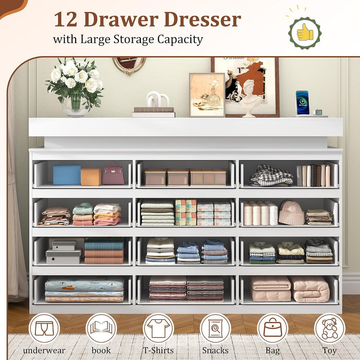 12 Drawer Dresser for Bedroom, 70" Wide 44" Tall Dresser with LED Light & Charging Station, Modern Chest of Drawers for Closet, Living Room, Entryway, Hallway (White, 12 Drawers)