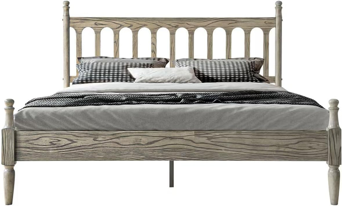 Queen Size Bed Frame, Solid Wood Platform Bed with Headboard & Footboard, Central Metal Legs, 12 Sturdy Slatted Base, Anti-Noise & Slip-Free, No Box Spring Needed, Weathered Gray Oak Finish WCQ-34