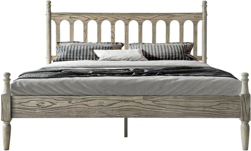 Queen Size Bed Frame, Solid Wood Platform Bed with Headboard & Footboard, Central Metal Legs, 12 Sturdy Slatted Base, Anti-Noise & Slip-Free, No Box Spring Needed, Weathered Gray Oak Finish WCQ-34