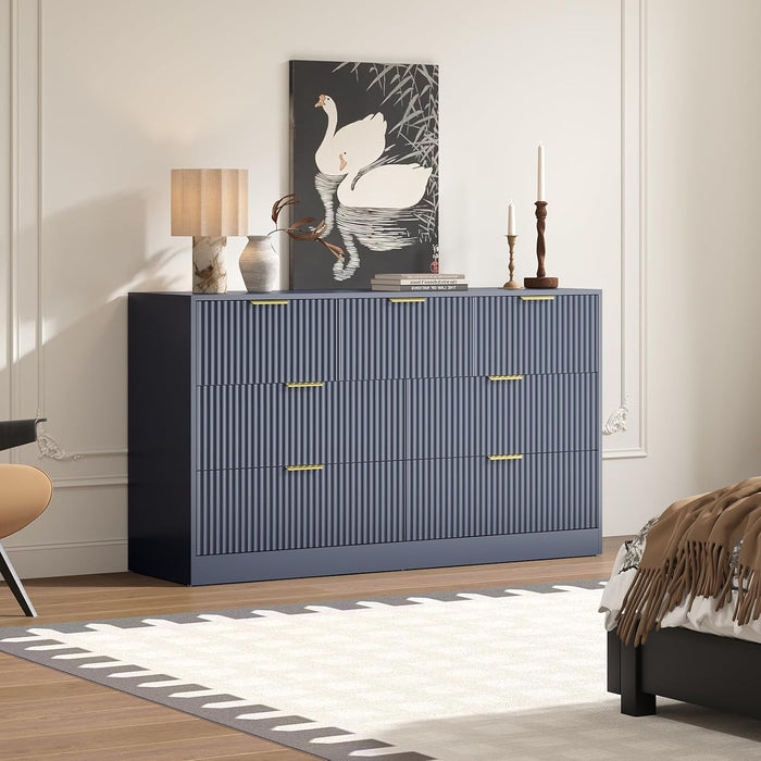 7 Drawer Fluted Dresser with Deep Drawers for Bedroom, Blue丨55 Wide Mid Century Dresser, Modern Chest of Drawers, Wood TV Stand Storage Organizer for Closet, Living Room, Hallway