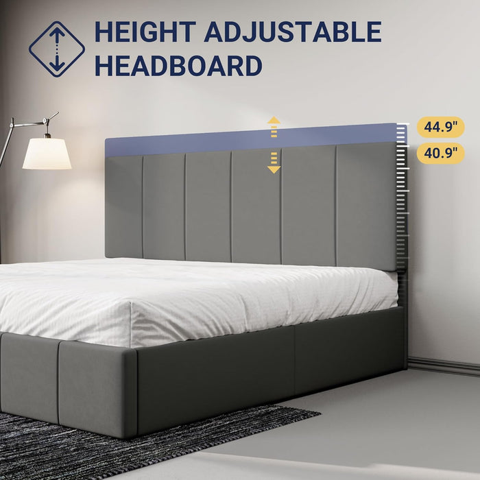 King Size Dutch Velvet Upholstered Platform Bed Frame/Vertical Channel Tufted Adjustable Headboard/Low Profile Bed Frame/No Box Spring Needed/Easy Assembly/Grey