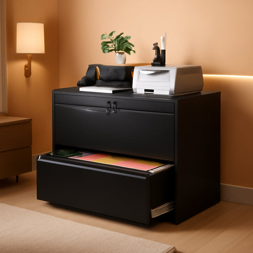 2 Drawer Wide Lateral File Cabinet, Metal Filing Cabinet with Lock, Suitable for Home Office School Hanging Files Letter/Legal/F4/A4 Size,Black,Required-Assembly