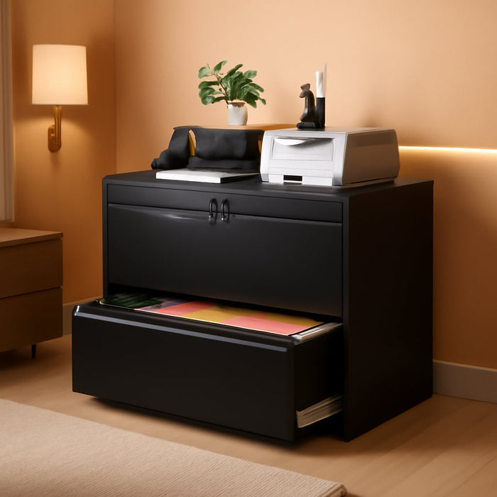 2 Drawer Wide Lateral File Cabinet, Metal Filing Cabinet with Lock, Suitable for Home Office School Hanging Files Letter/Legal/F4/A4 Size,Black,Required-Assembly