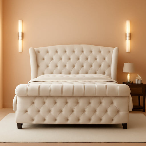 King Size Platform Bed Frame, Chenille Upholstered Sleigh Bed with Scroll Wingback Headboard & Footboard/Button Tufted/No Box Spring Required/Cream