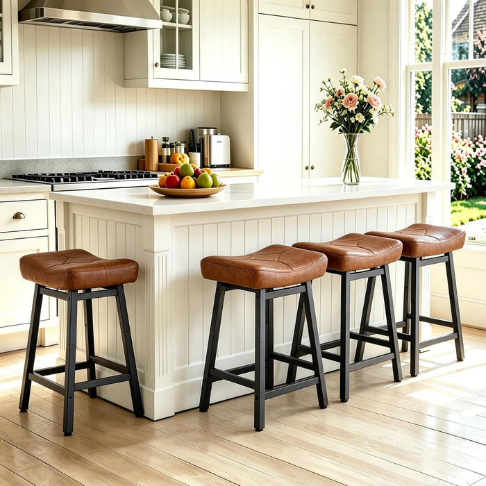 Counter Height Bar Stools Set of 3, 24 Inch Barstools for Kitchen Island | Heavy Duty Metal Base with 4 Inch High-Density Foam Faux Leather Saddle Seats, Kichen Home Bar Dining Room, Brown