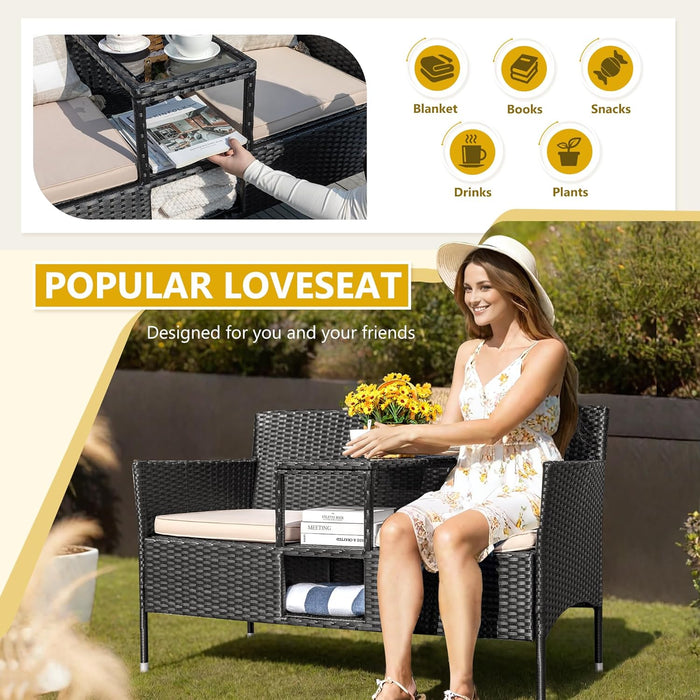 Outdoor Patio Loveseat Modern Rattan 2-Seat Patio Conversation Set with Cushions & Built-In Coffee Table Porch Furniture for Garden Lawn Backyard (Beige)