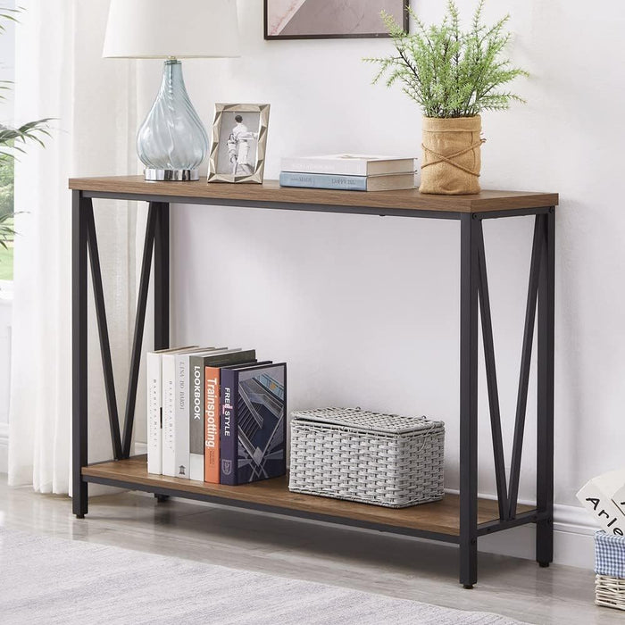 Rustic Sofa Console Table, 2-Tier Industrial Entryway Hallway Table for Living Room, Oak