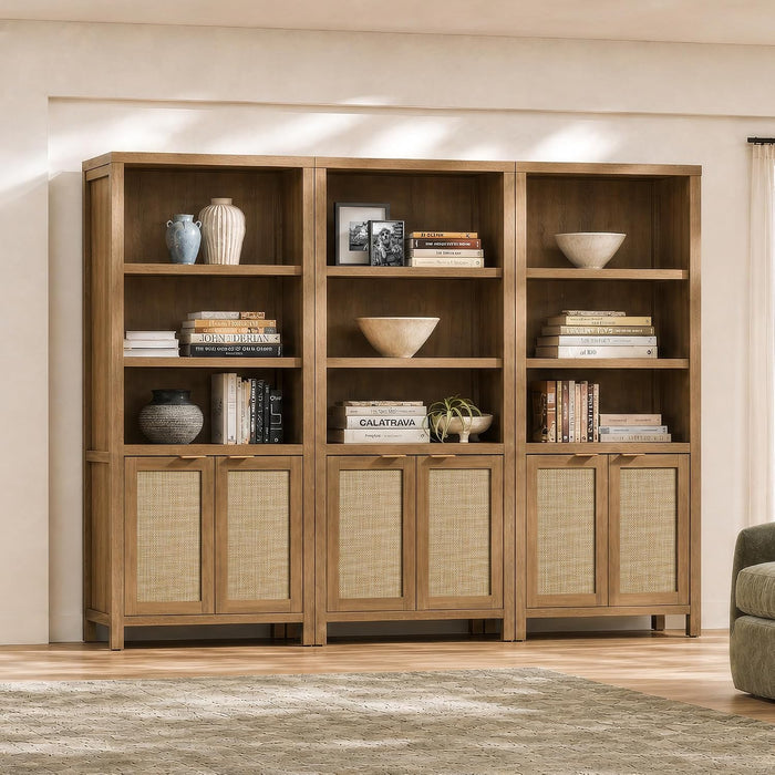 71" Tall Bookcase 5 Tier Rattan Bookshelf with Doors for Library | Farmhouse Storage Book Shelf with Adjustable Shelves Large Book Case Bookshelves for Living Room Home Office Bedroom Kitchen