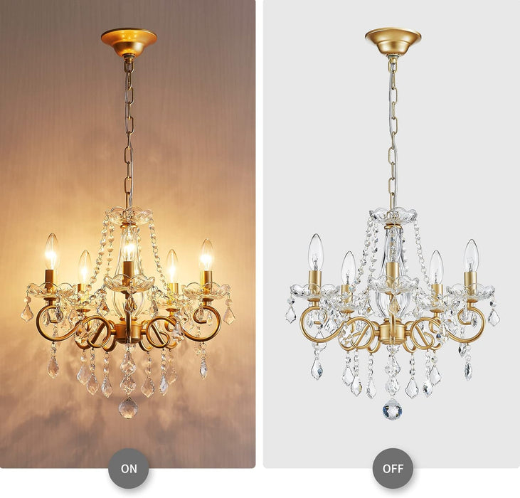 Mini Crystal Chandelier K9 Crystal Lighting Chandelier for Living Room 5 E12 Bulbs High 16.5 in X Diameter 16.9 In, Golden