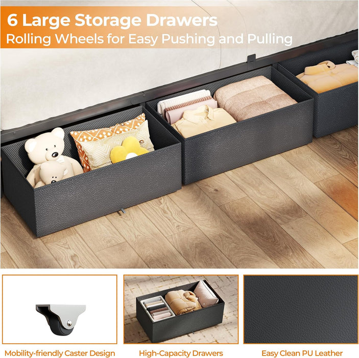 Queen Bed Frame with Storage Headboard, 6 Drawers, LED & Charging