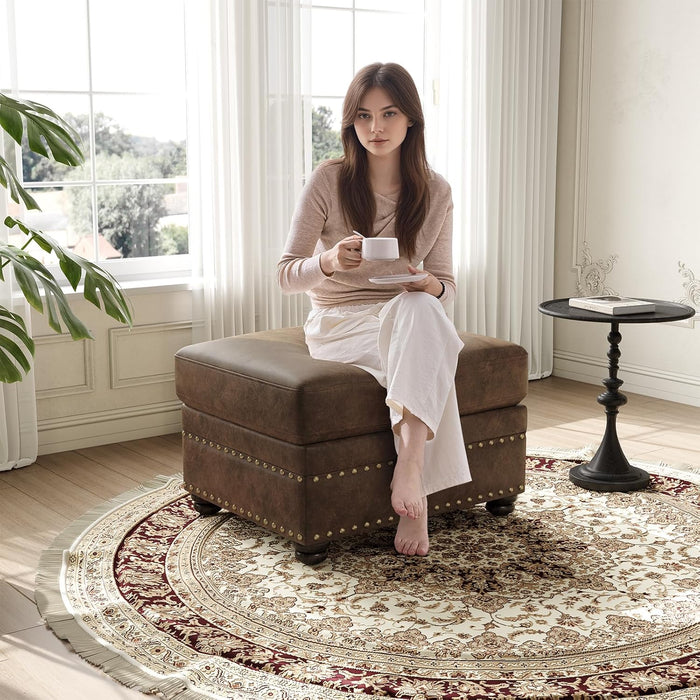 Faux Leather Ottoman with Storage, Rectangle Ottoman Coffee Table with Nailhead Trim, Solid Wood Legs, Oversized Upholstered Footrest Stool for Living Room, Bedroom, Apartment, Brown