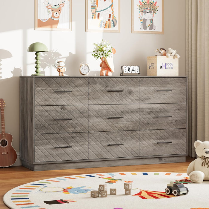 9 Drawers Dresser for Bedroom, 58” Wide Modern Chest of Drawers with Diamond Panel, Anti-Tipping Device, Wood Stable Storage Organizer for Bedroom, Nursery, Living Room