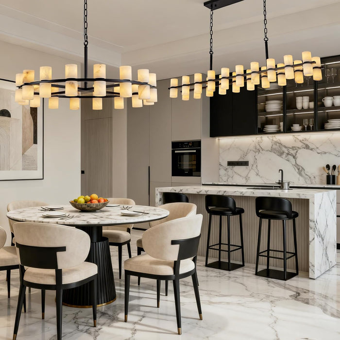 Alabaster round Chandelier, Natural Spanish Stone Texture Chandeliers, D31In round Chandeliers for Dining Room Chandelier Light Fixture for Kitchen Living Room Foyer Entryway Hallway (Black)