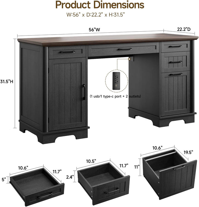56" Large Executive Desk with Drawers,Modern Farmhouse Home Office Desk with Charging Station, Wood Computer Writing Desk with File Drawer for Study Work Bedroom Living Room Black