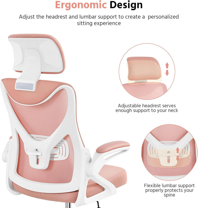 Ergonomic Office Chair, High Back Mesh Desk Chair with Flip-Up Armrests, Adjustable Headrest Computer Chair with Lumbar Support for Home Oiffce Gaming Room, White/Pink