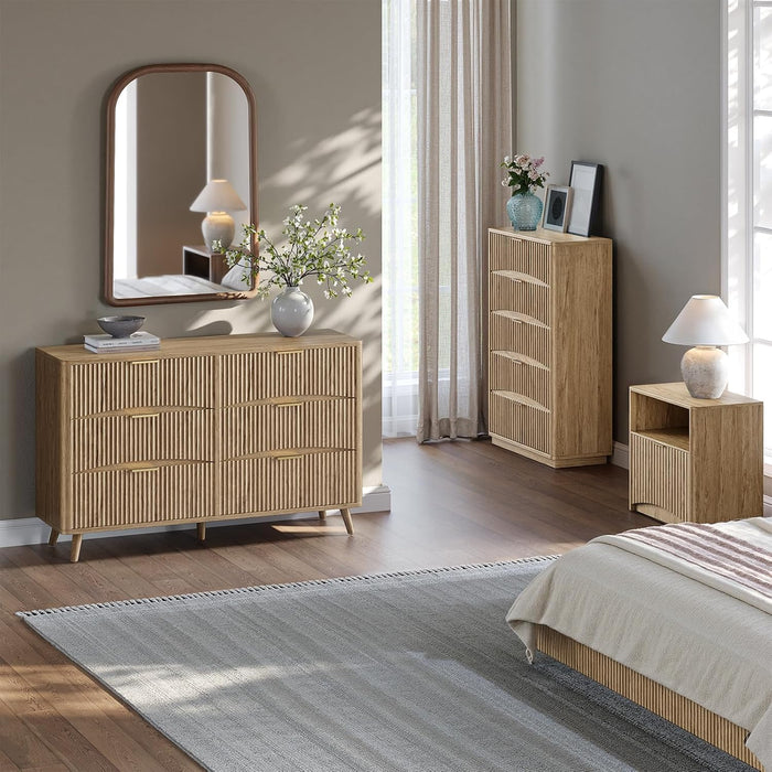 54" Curved Fluted 6-Drawer Dresser, Mid-Century Modern Natural