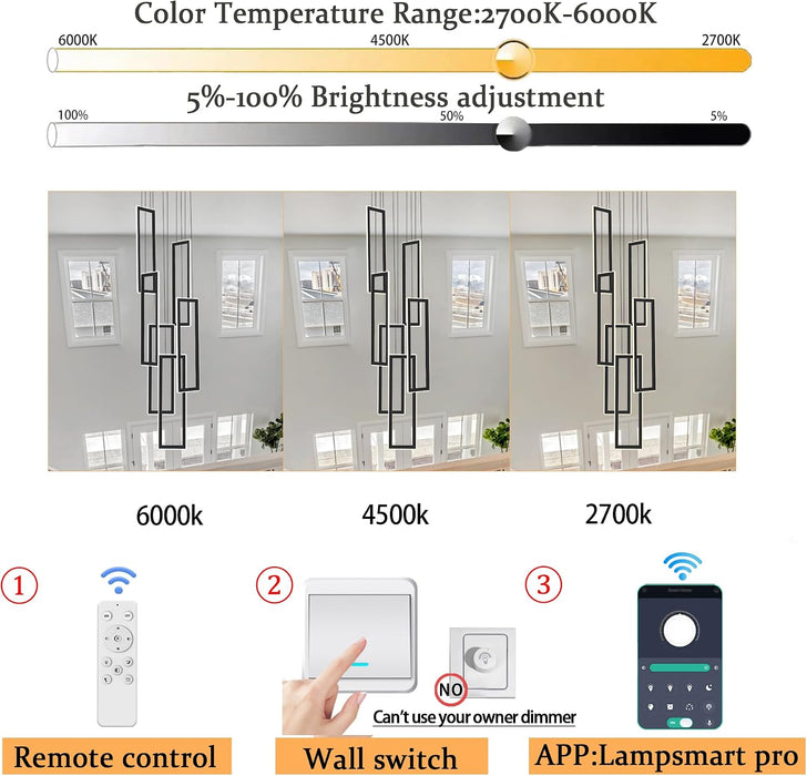 Black 6 Rings Rectangular Chandeliers LED Dimmable