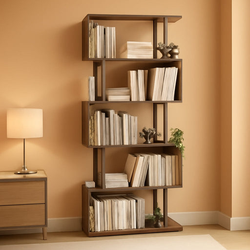 5-Tier Geometric Bookcase,S Shaped Bookshelf, Wood Decorative Storage Shelving, Modern Freestanding Display Shelves, Tall Book Shelf Unit for Living Room Bedroom, Rustic Brown