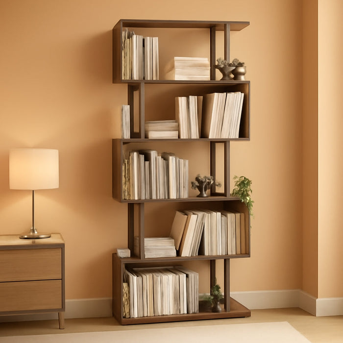 5-Tier Geometric Bookcase,S Shaped Bookshelf, Wood Decorative Storage Shelving, Modern Freestanding Display Shelves, Tall Book Shelf Unit for Living Room Bedroom, Rustic Brown