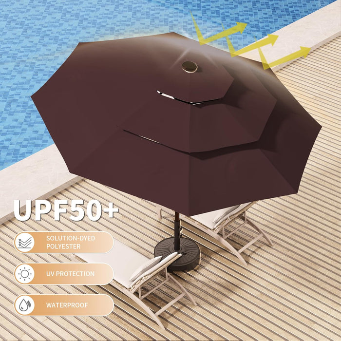 9FT 3-Tier Large Outdoor Patio Umbrella Market Table Umbrella-Uv Resistant,Easy Push Button Tilt and Crank,8 Sturdy Fiberglass Ribs Heavy-Duty Pool Umbrella for Deck,Backyard,Garden,Yard,Brown