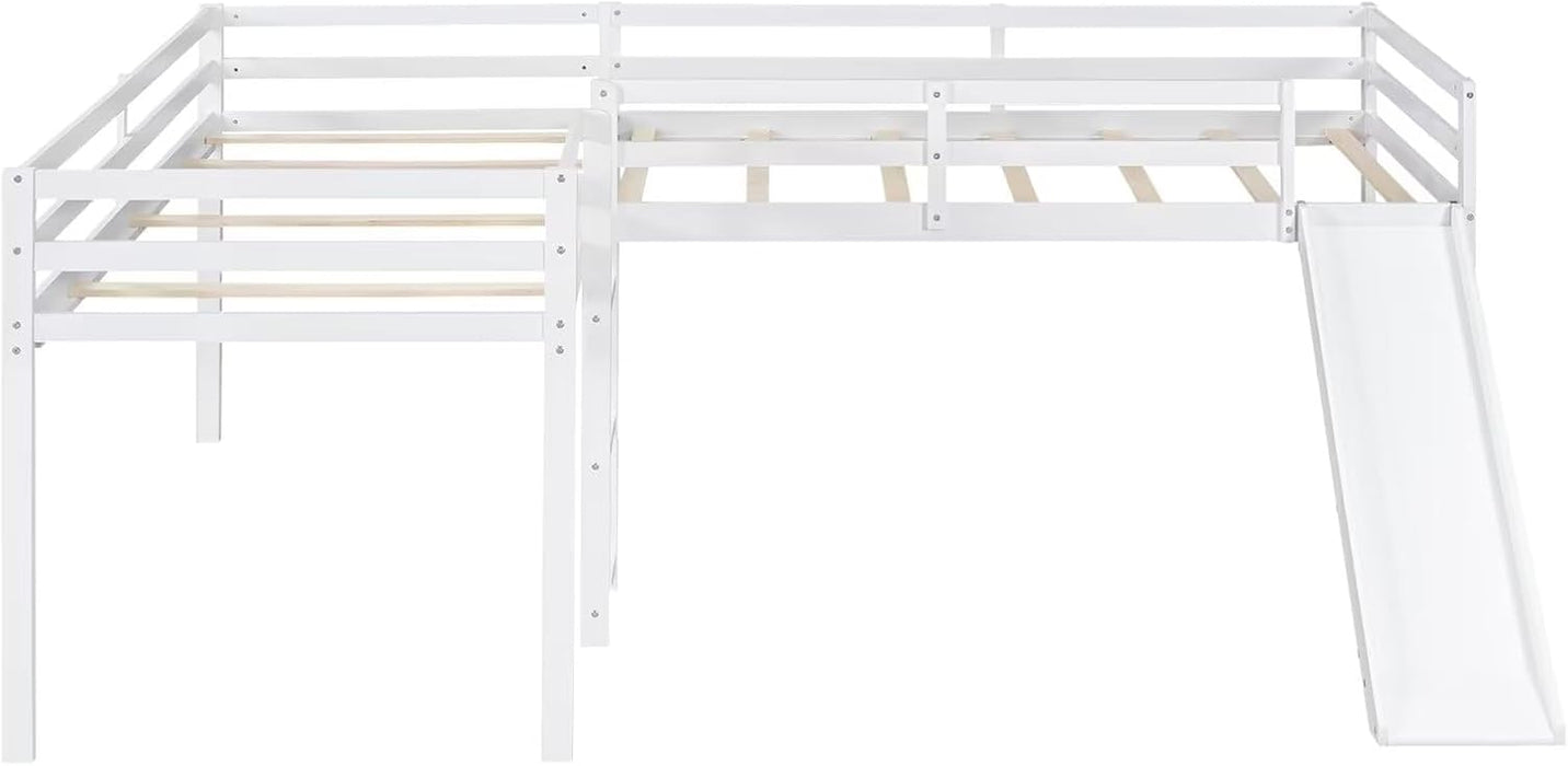 Wooden Twin Size Double Loft Bed with Slide and Ladder, L-Shaped Bed Frame with Full-Length Guardrail, Wood Bedframe for Kids Teens Adults Bedroom, 2 Twin Beds,White