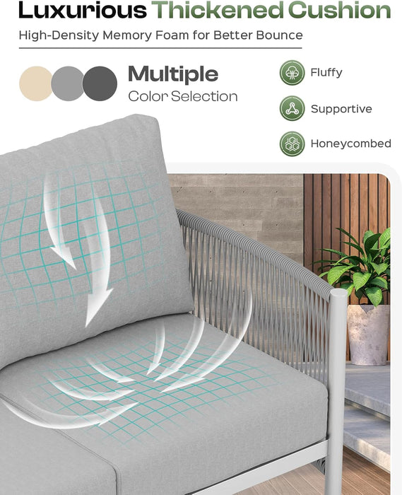 Aluminum Outdoor Patio Furniture Set, HDPE Rope 5 Piece Modern Sectional Conversation Sets with Dual-Layer Coffee Table, All Weather Patio Couch Sofa with Thick Cushions, Silver Frame, Silver