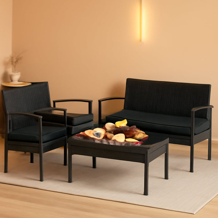 4 Piece Patio Rattan Conversation Set, Outdoor Wicker Furniture Set W/Glass Coffee Table, Solid Steel Structure, Ergonomic Seat, Suitable for Garden, Courtyard, Balcony, Poolside