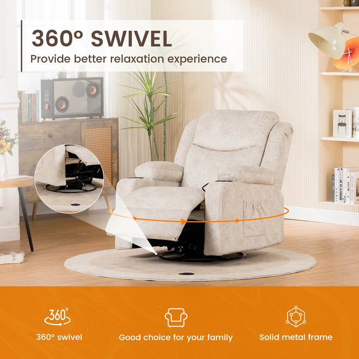 Swivel Rocker Recliner Chair with Heat and Massage, 31.89" Wide Rocking Sofa Home Recliner for Living Room Home Theater Office, Cream White