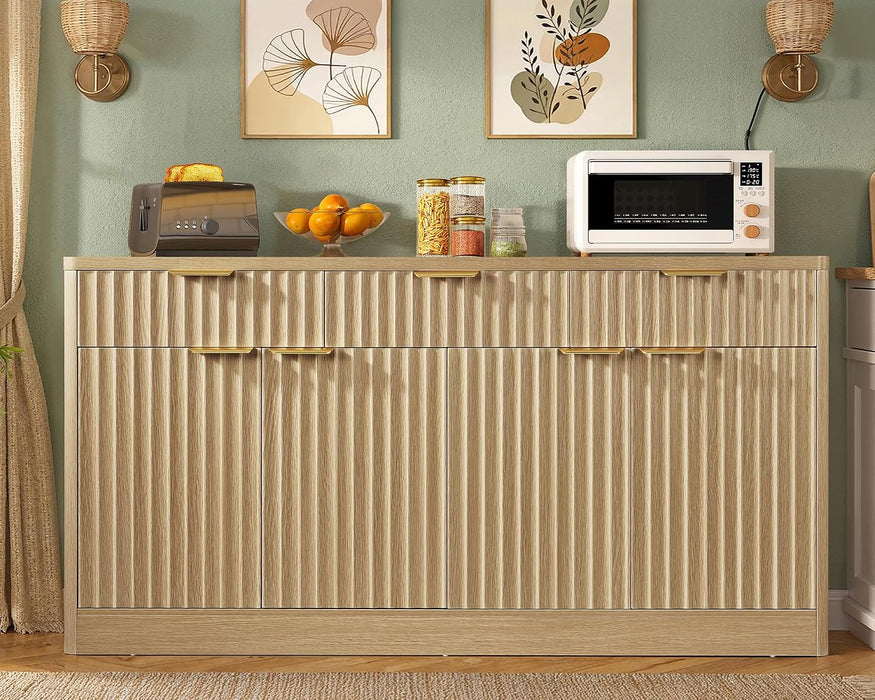 Large Buffet Cabinet with Storage & Drawers, Sideboard Cabinet with 2 Adjustable Shelves & 4 Doors, Coffee Bar Station, Kitchen Storage Cabinets, Natural
