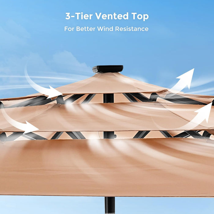 9FT 3-Tier Solar Patio Umbrella Heavy Duty, Vented Market Table Umbrella Windproof with 32 LED Lights, UPF50+, 5-Year Fade Resistant, 8 Thicker Ribs for Pool, Lawn, Garden, Deck (Beige,No Base)