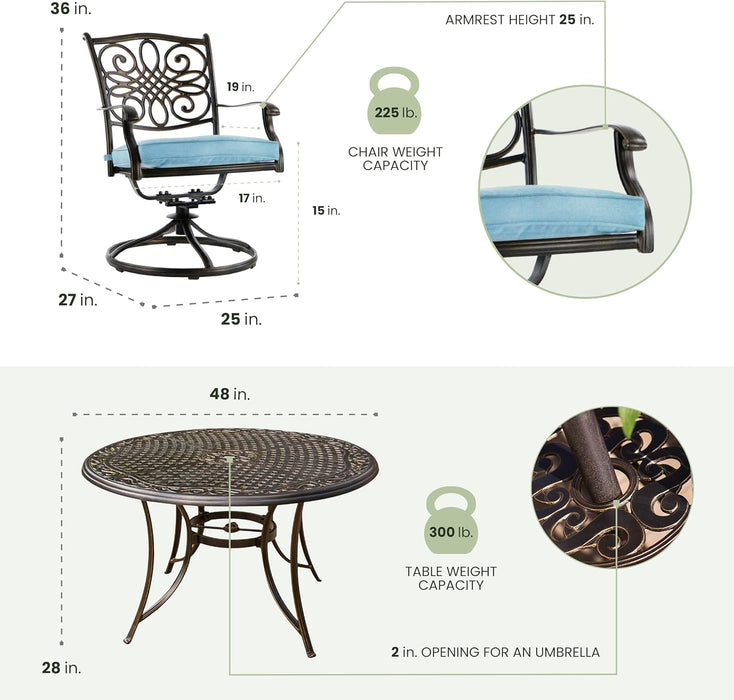 Traditions 5-Piece Rust Resistant Aluminum Patio Dining Set with Blue Cushions, Swivel Rockers and Aluminum round Dining Table, Outdoor Dining Set for 4