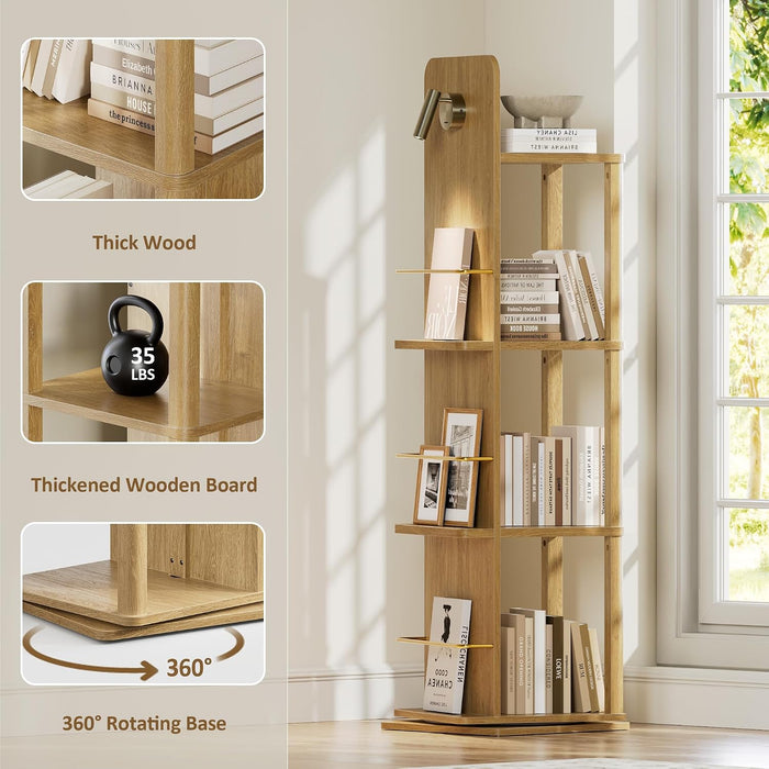 Rotating Bookshelf Tower W/Light, 15.4''/Shelf for Living Room Oak | 15.4'' Tall/Shelf, 4 Tier Spinning Bookshelf, Space-Saving Storage Book Shelf for Living Room, Bedrooms, Office, Natural Oak