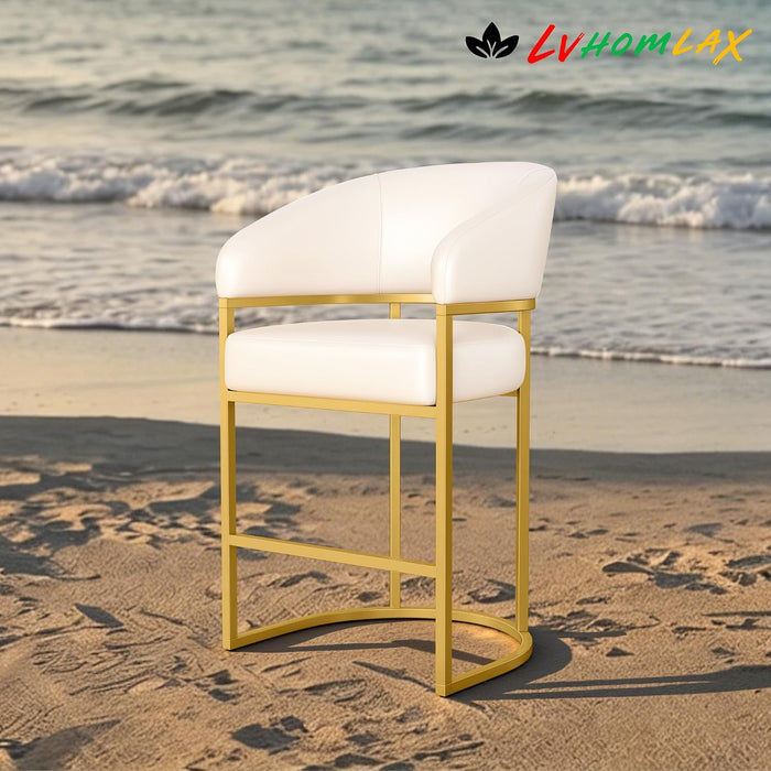 Modern Counter Height Bar Stools,Bar Stools Set of 3,PU Leather Upholstered Barrel Barstools with Backs,26" Kitchen Island Chairs,Metal Gold Frames,Support 480 Lbs,Beige White Leather