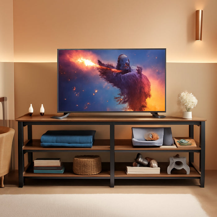 TV Stand with Power Outlets and LED Lights, for Tvs up to 65 Inches, Entertainment Center with Open Storage Shelves, TV Console Table for Living Room, Rustic Brown and Ink Black ULTV118K01