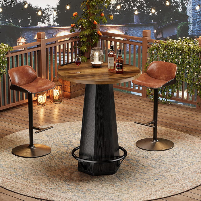 round Bar Pub Table, 39.4" H Bistro Cocktail Table with Metal Footrest for Drinking & Gathering, Industrial Home Bar High Top Unit, Small Spaces, Brown & Black