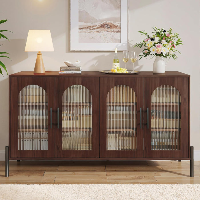 Sideboard Buffet Cabinet with Storage, 55" Modern Sideboard Cabinet with 4 Fluted Arcylic Doors & Adjustable Shelves, Wood Buffet Console Table for Living Room, Kitchen, Dark Walnut