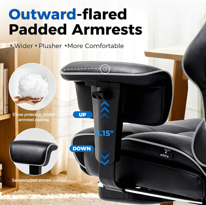 Big and Tall Office Chair,Heavy Duty Gaming Chair with Foot Rest and Wide Pocket Spring Cushion Reclining Height Adjustable for Home Office Work, Comfy Pu Leather Black-White