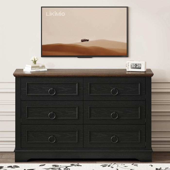 Farmhouse 6 Drawers Dresser for Bedroom, 47.2" W Modern Dresser with round Metal Handle, Thickened Desktop, Wood Rustic Chest of Drawers for Bedroom, Hallway, Entryway, Black