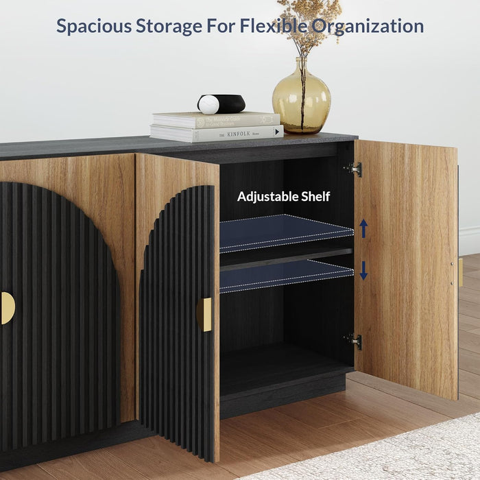 65 Inch Fluted Buffet Cabinet with Storage, Symmetrical Arc Accent Sideboard Large Console Table for Dining Room, Kitchen, and Living Room (Camel)