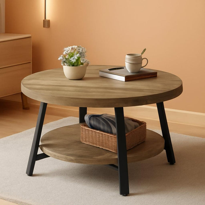 round Coffee Table with Storage, 30 Inch Circle Center Tables for Living Room, Modern Sofa Table for Small Spaces, Home Office, Easy Assembly, Grey Wash