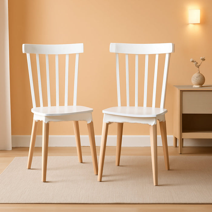 Mid Century Modern Dining Chairs Set of 2, White Plastic Windsor Design, Beech Wood Legs, Armless Scandinavian Kitchen & Dining Room Chairs