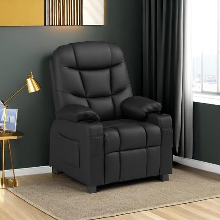 Kids Recliner Chair with Cup Holder, Adjustable Leather Lounge Chair W/Footrest & Side Pockets for Children Boys Girls Room, Ergonomic Toddler Furniture Sofa, Kids Recliner (Black)