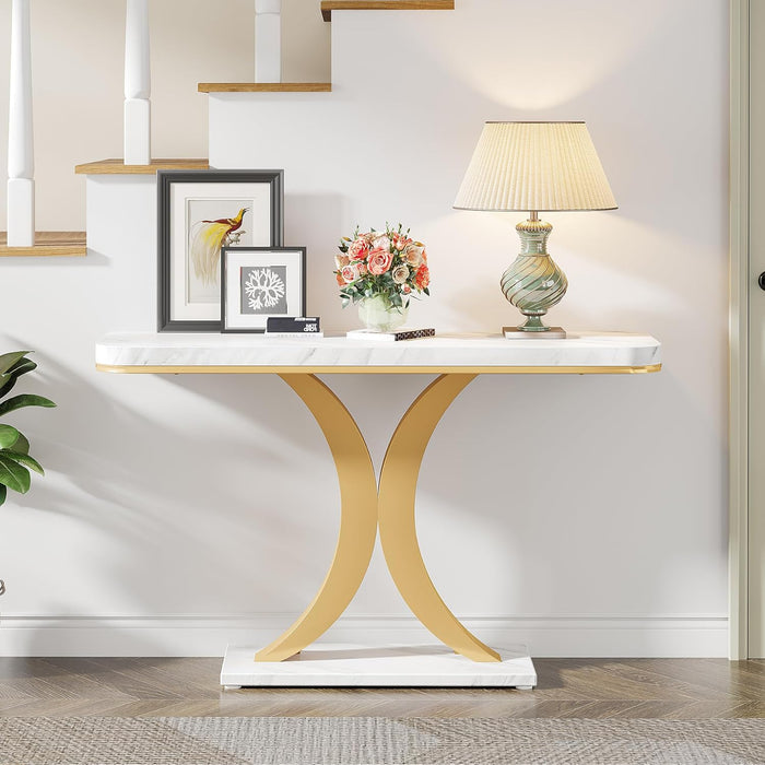 Modern Gold Console Table, 40 Inch Narrow Entryway Foyer Table with Geometric Base, Rustic Hallway Accent Table for Living Room, Entrance, White and Gold