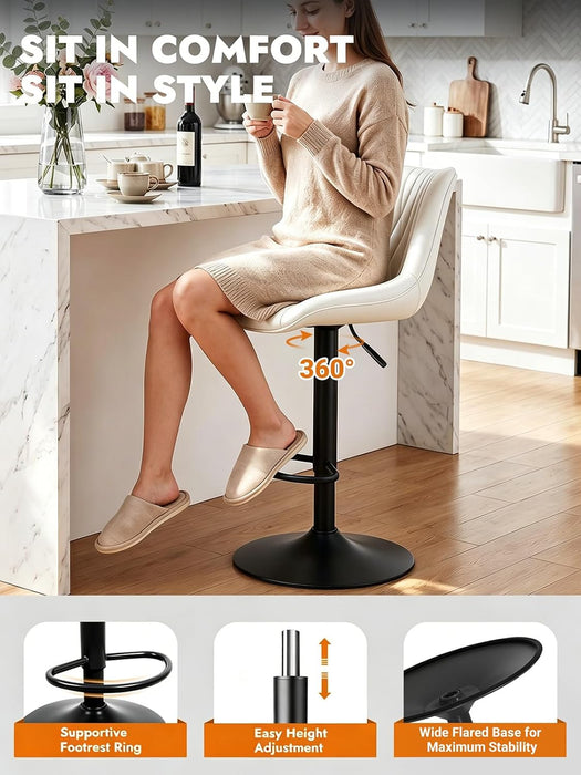 Swivel Bar Stools Set of 2, Height Adjustable Counter Height Bar Stools with Open Back and Footrest, Premium Faux PU Leather, Modern Upholstered Bar Chairs for Kitchen Island/Bar/Counter, White