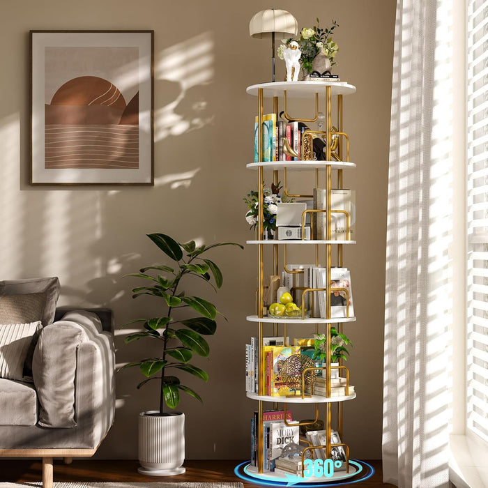 360° Rotating Bookshelf, Revolving Bookcase with Open Display Storage, round Book Shelf Tower, Freestanding Space Saving Vertical Storage Organizer for Living Room Bedroom, Corner Furniture