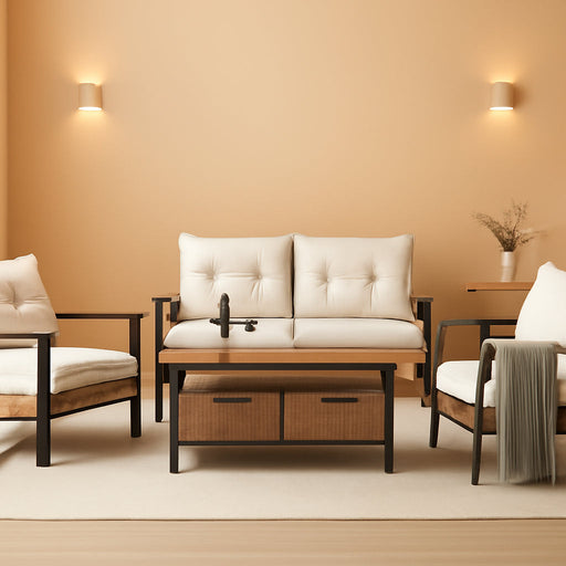 6-Piece Patio Conversation Set, Luxury Oversize Patio Furniture Set with Soft Cushions and Storage Metal Coffee Table, Outdoor Furniture Sets for Backyard, Porch (With 2 Wicker Baskets)