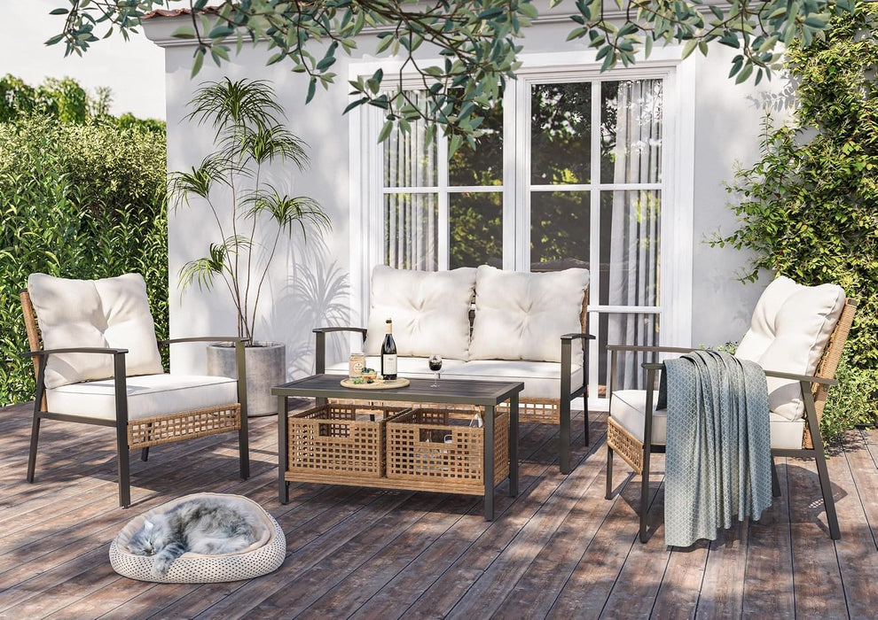 6-Piece Patio Conversation Set, Luxury Oversize Patio Furniture Set with Soft Cushions and Storage Metal Coffee Table, Outdoor Furniture Sets for Backyard, Porch (With 2 Wicker Baskets)